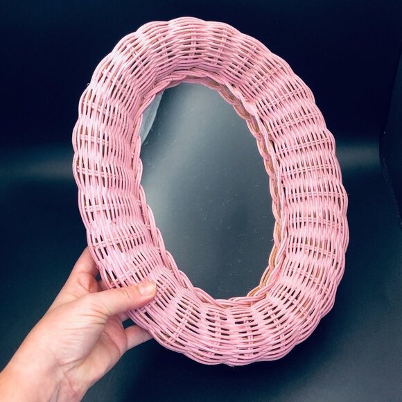 Vintage Other - 80s Pink Woven Wicker Oval Mirror Vintage Girly Bedroom Retro Wall Decor
